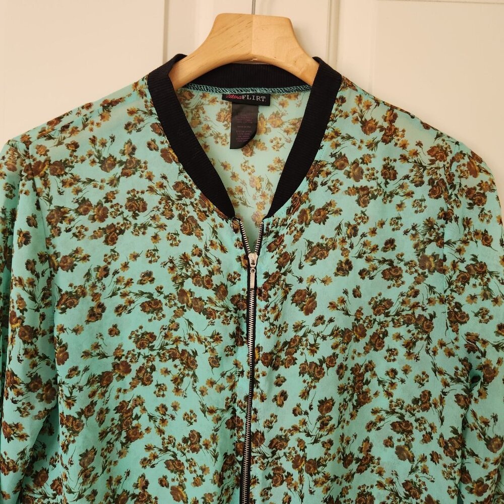 Ultra Flirt Floral Print Zip-Up Bomber Jacket Fairy Garden Feminine Summer Cute - Picture 3 of 6
